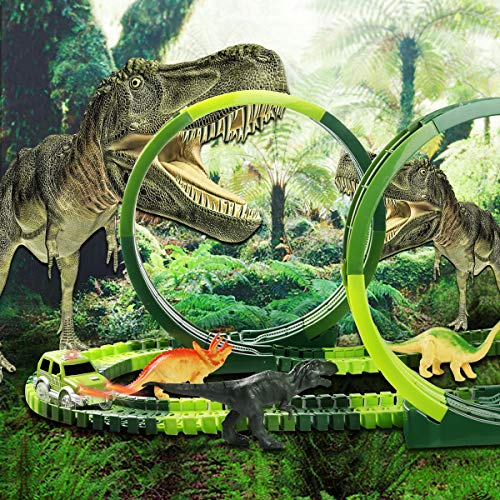 Lydaz Dinosaur Race Car Track Toy Mega Set 306 Pcs, Dual Loops 6 Dinosaurs Figures Flexible Train Track for Kids Boys Girls 3 Years Old and Up - Thumbnail 4