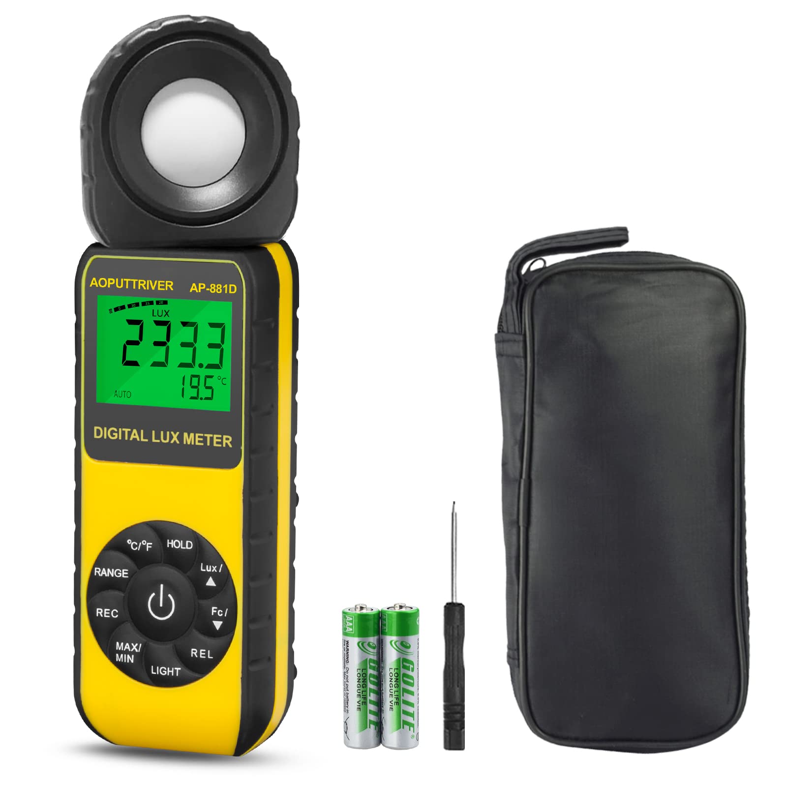 AOPUTTRIVER AP-881D Digital Illuminance Light Meter, Measure Range Up to 400,000Lux(0.01~40,000 FC), Handheld Light Meter with 270º Rotated Sensor and Backlight for Foot Candles, Plants, LED Lights