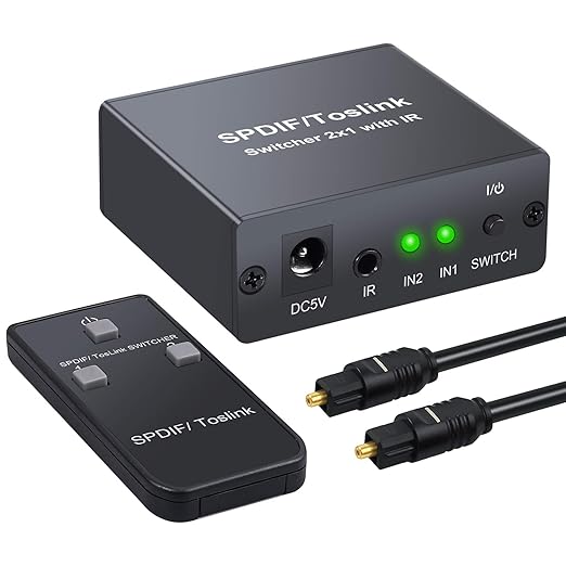 SPDIF Toslink Switch 2x1 Umschalter Adapter für Optische SPDIF Toslink Audiokabel mit IR Fernbedienung
