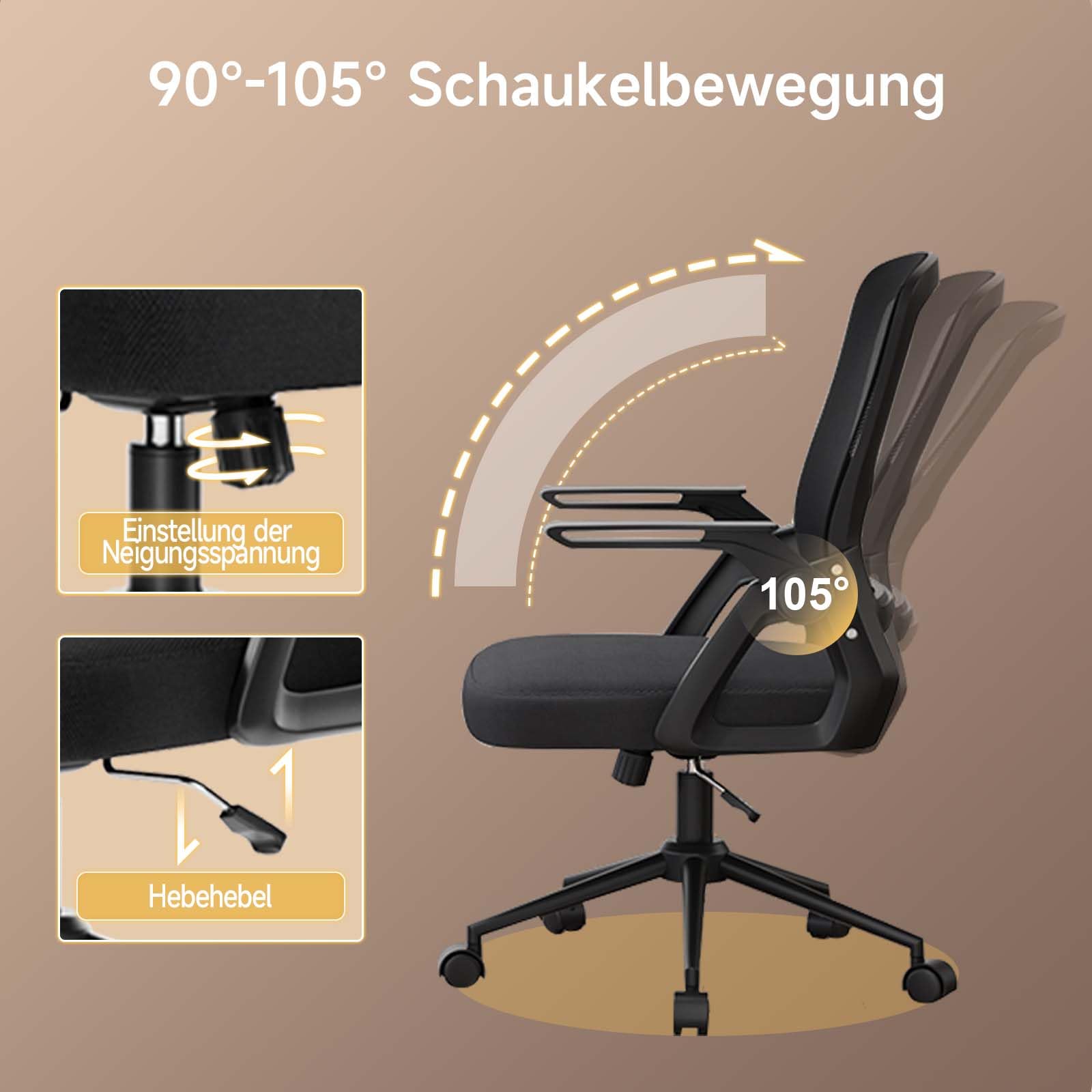 naspaluro Ergonomischer Bürostuhl mit Mesh-Rückenlehne und Lendenstütze, Höhenverstellbarer Schreibtischstuhl mit 90° Klappbaren Armlehnen, Drehstuhl für Homeoffice Büro, Schwarz 5