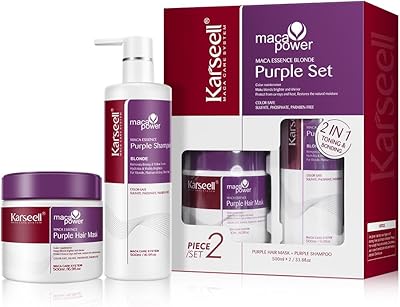 Karseell Maca Essenz Purple Haarmaske Purple Shampoo Set, Neutralisiert Gelbstich, Repariert Haarschäden für Blondes, Blondiertes, Graues Haar, 2 x 500ml