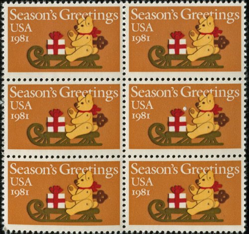 CHRISTMAS HOLIDAYS ~ TOY TEDDY BEAR ON SLEIGH #1940 Block of 6 x 20 US Postage Stamps