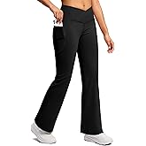 SANTINY Women's Fleece Lined Pants with Pockets Crossover Yoga Pants 28.5"/30.5"/32" Thermal Warm Flare Leggings for Women