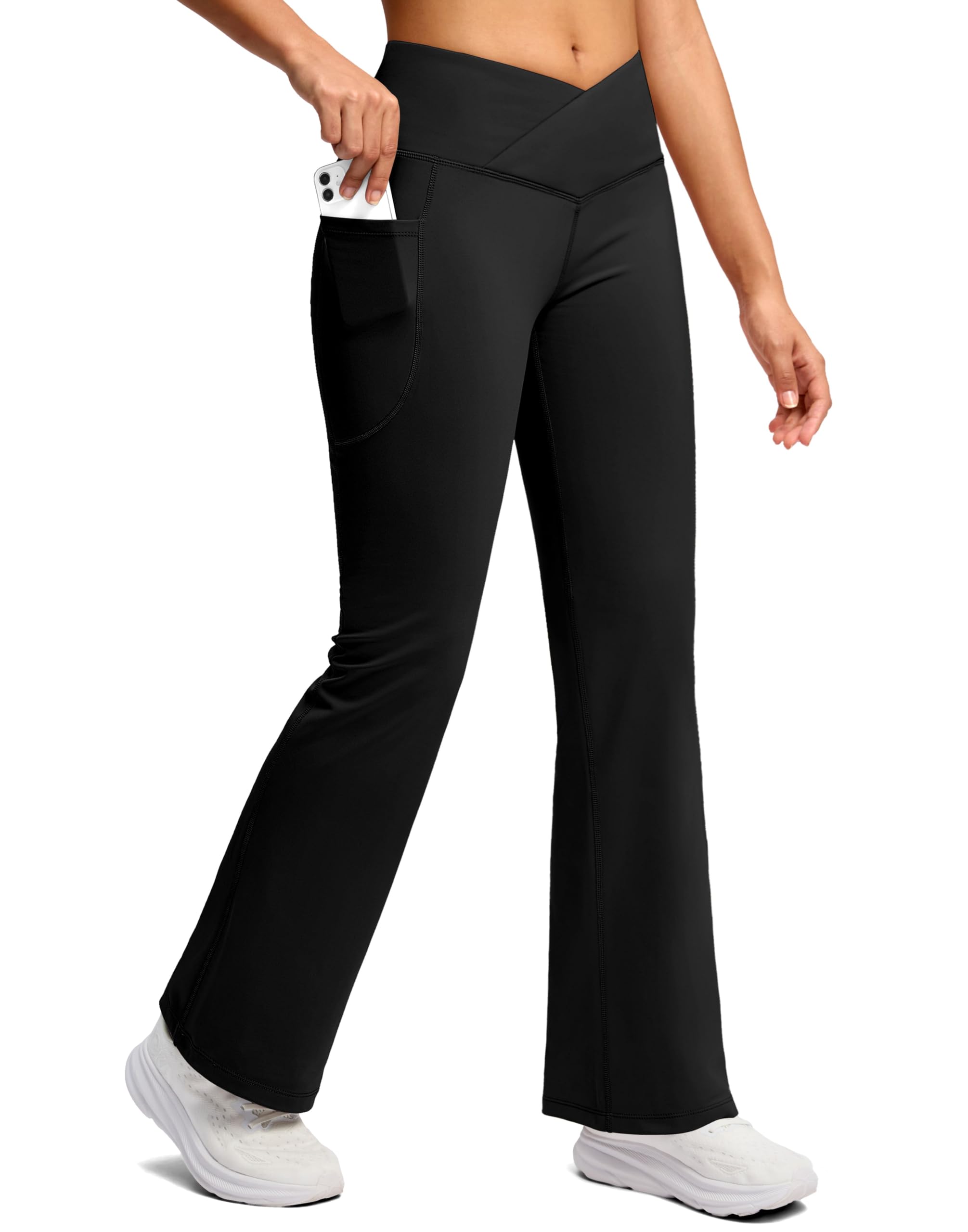 SANTINY Women's Fleece Lined Pants Crossover Yoga Pants High Waisted Bootcut Lounge Water Resistant Thermal Warm Flare Leggings for Women with Pockets 28 Inch(Black_S)