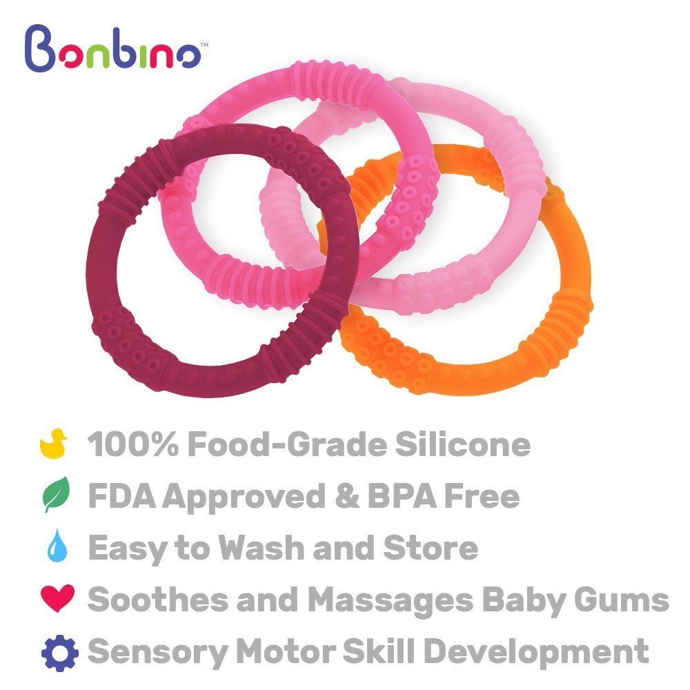 Bonbino Teether Rings - (4 Pack) Silicone Sensory Teething Rings - Soothes Baby Gum Pain! (Pinks and Oranges) : Baby