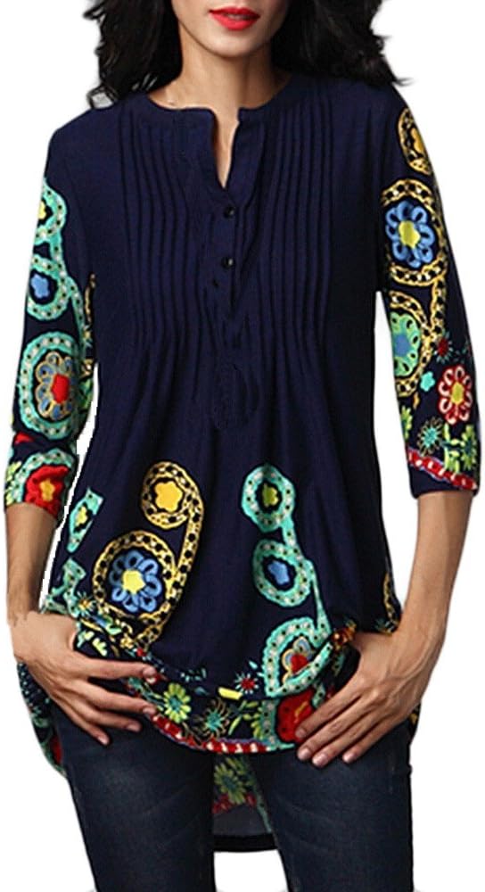Women Tunic Tops 3/4 Sleeve Color Block Henley Neck Print Shirt Loose Casual Blouse