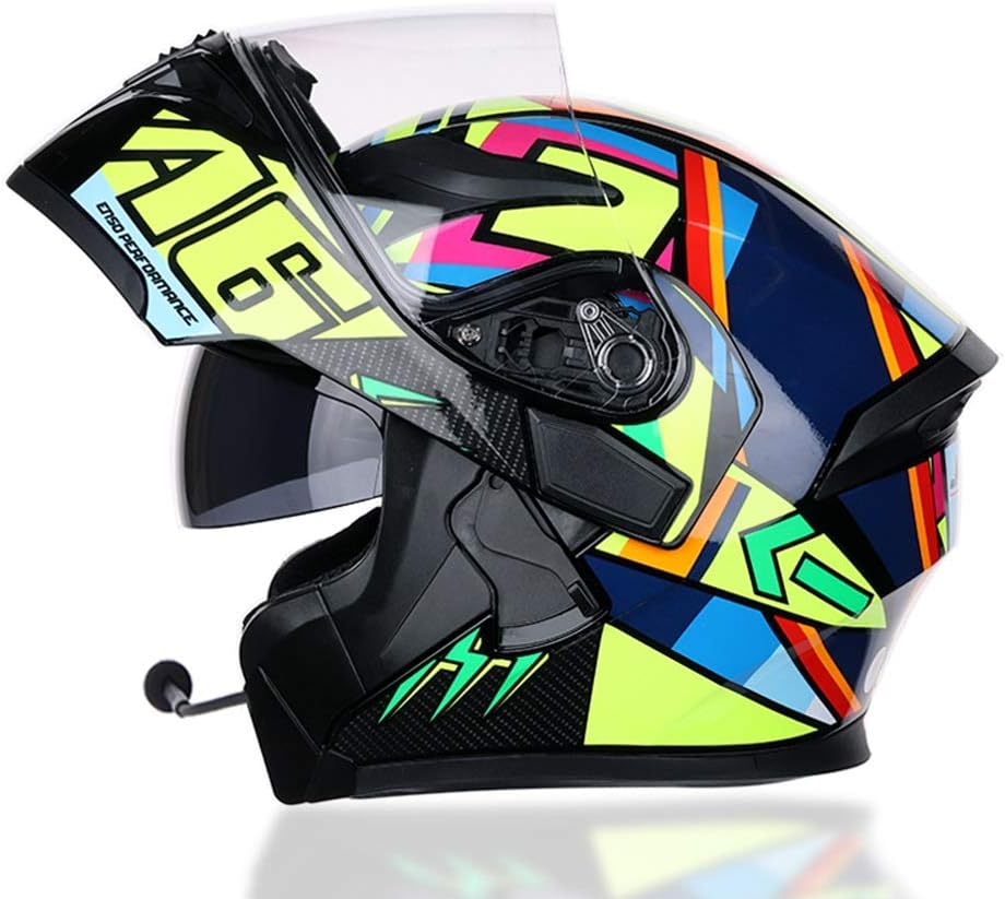AmzGxp Graffiti Pattern DOT Certified Motorcycle Helmet Men And Women Double Lens Locomotive Full Helmet Outdoor Riding Open Face Helmet (with Bluetooth Microphone) Comfortable (Color : Yellow-M)