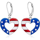 Patriotic 4th of July Earrings for Women American Flag Heart Earrings Red White and Blue Fourth of July Dangle Jewelry Sterling Silver USA Independence Day Patriots Gifts