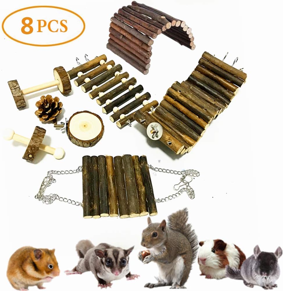 Lurowo Hamster Toys,8 Pack Hamster Chew Toys Natural Wooden Pet Toy Accessories, Dumbbells Exercise Bell Roller Small Teeth Care Molar Toy for Bunny Chinchilla Rats Gerbils and Other Small Animals