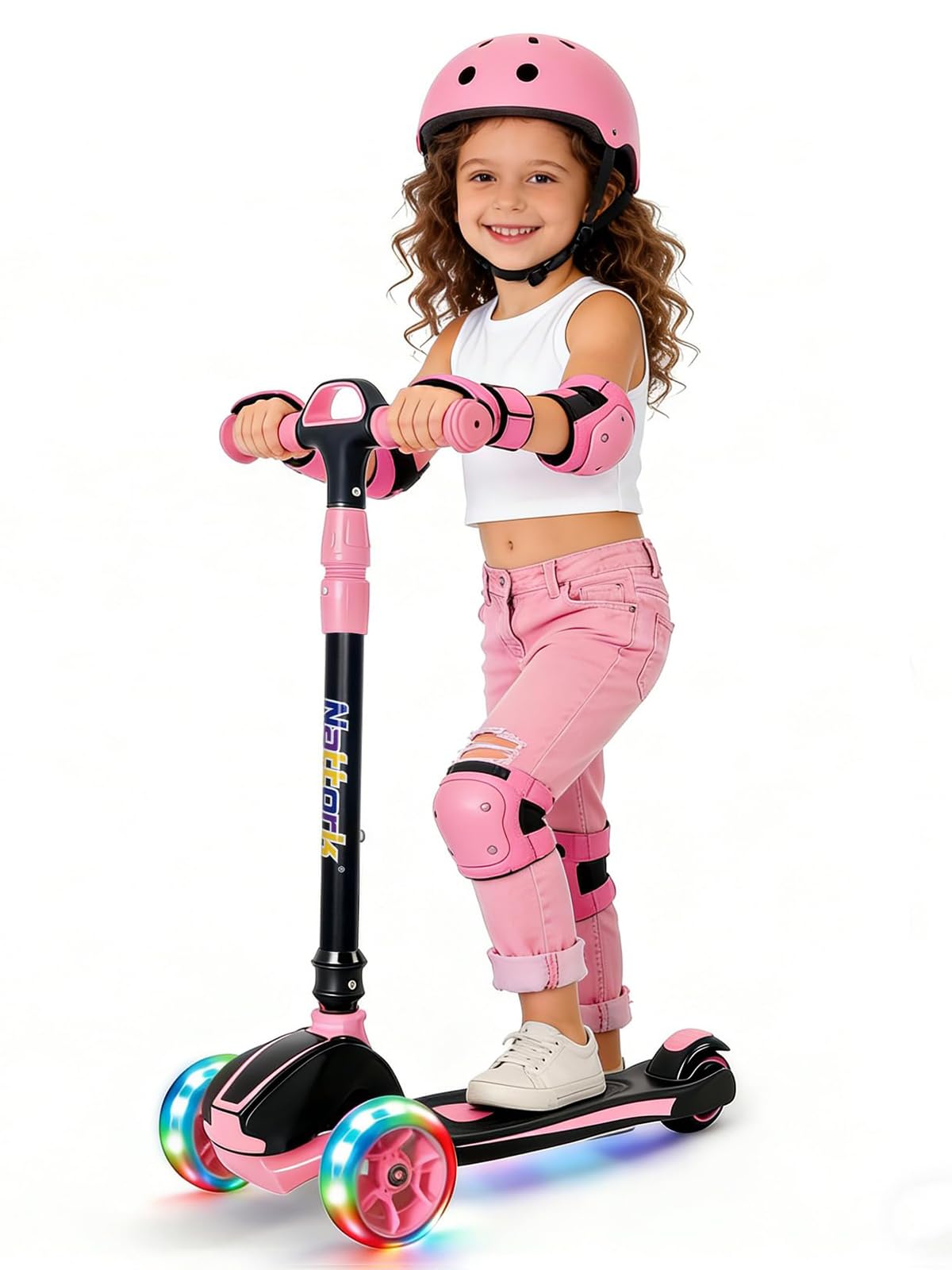Nattork Light-Up 3-Wheels Scooter for Kids & Toddlers Ages 3-12 with 4 Adjustable Height for Boys & Girls,220LB Weight Capacity for Children3-5, 5-8, 6-12 Pink