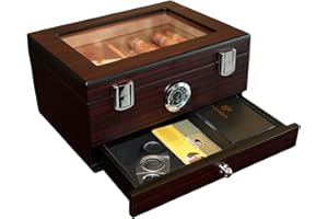 Cigar humidor，Front Hygrometer cigar box，Glass top and Storage Drawer, Humidifier and Divider, Spanish Cedar Wood Desktop Hum