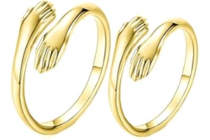 PINGYONGCHANG 2 Pieces Hugging Hands Rings Silver Hands Embrace Open Rings Adjustable Couple Hug Rings Romantic Lover Wedding Ring Jewelry Gifts