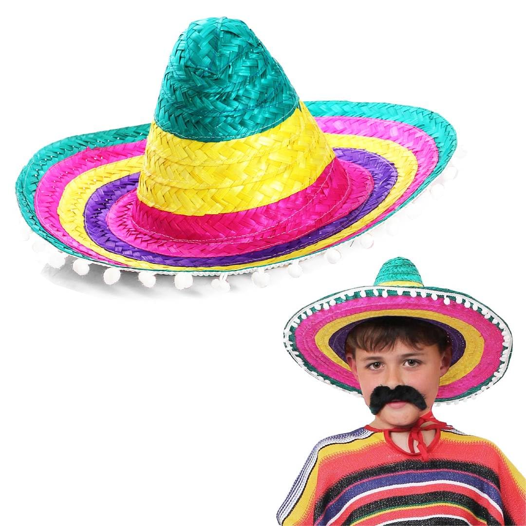 Pack of 3 Kids Multicoloured Mexican Sombrero Hats - Traditional Rainbow Straw Sombreros with Pom Pom Trim - Childrens Mexican Festival, Western Bandit & Fiesta Party Fancy Dress Accessory Set