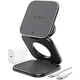 KU XIU Qi2.2 25W Magnetic Wireless Charger, Foldable 3 in 1 Travel Charging Station for iPhone 17/16/15/14/13/12, 5W for Apple Watch & AirPods, Aluminum Alloy Design, 45W GaN Adapter Included, Gray