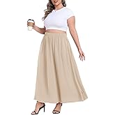 Lastshe Plus Size Maxi Skirt for Women Casual Elastic High Waist Boho Flowy A-line Spring Long Skirts with Pockets