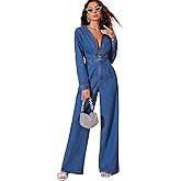 Mandonce Denim Long Sleeve Jumpsuits for Women Deep V High Waist Wide Leg Jeans Sexy Denim Rompers for Women Trendy