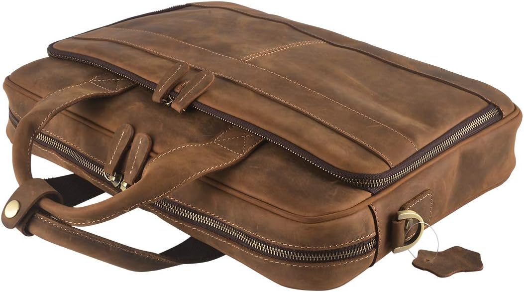 Mens Genuine Cowhide Leather Messenger Bag Vintage Attache Case Portfolio Shoulder Crossbody Business Briefcases Fit 14" Laptop, Brown