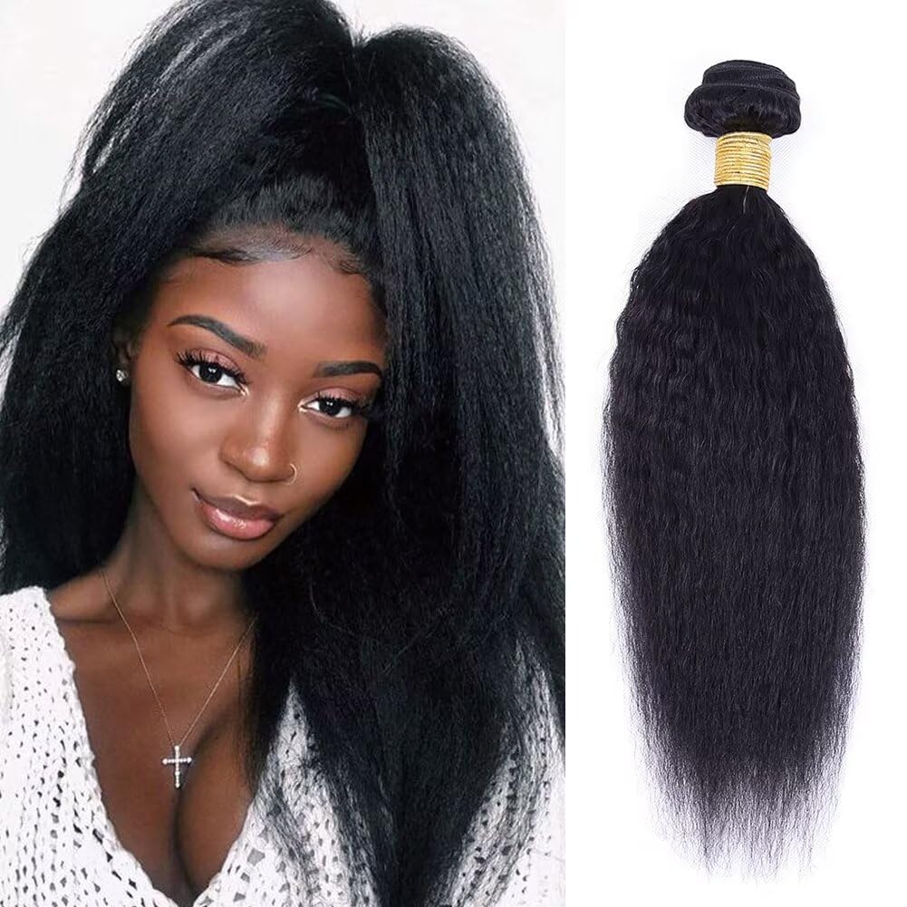 Ladiaryf Yaki Straight Bundles Human Hair Bundles 20 inch Kinky Straight Hair 1 Bundle 10A Brazilian Kinky Straight Human Hair Weave For Black Women Natural Color