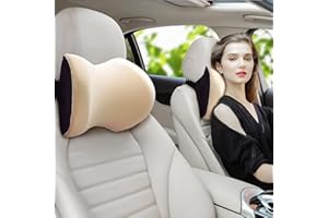 SPRFUFLY Super Comfy Car Headrest Pillow, Car Pillow for Neck Pain Relief with Adjustable Strap, 100% Memory Foam & Breathable Removable Cover, Ergonomic Design - Softness Travel Car Neck Pillow(Beige, 1PC)