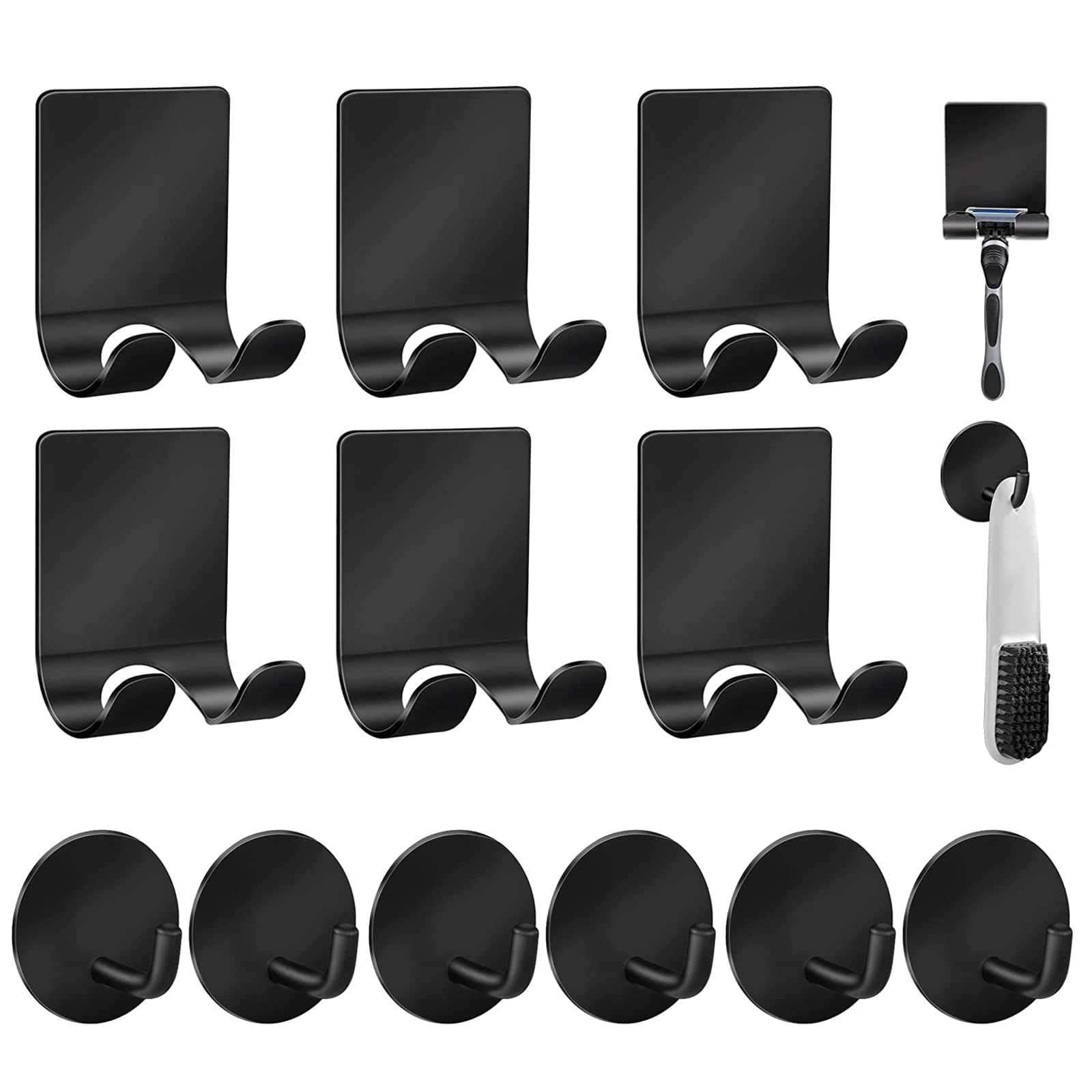 Photo 1 of Diesisa Razor Holder 304 Stainless Steel for Shower + Adhesive Sticky Heavy Duty Waterproof Wall Hooks, Premium for Hanging Towels, Coat, hat (6+6 Pack) - Black