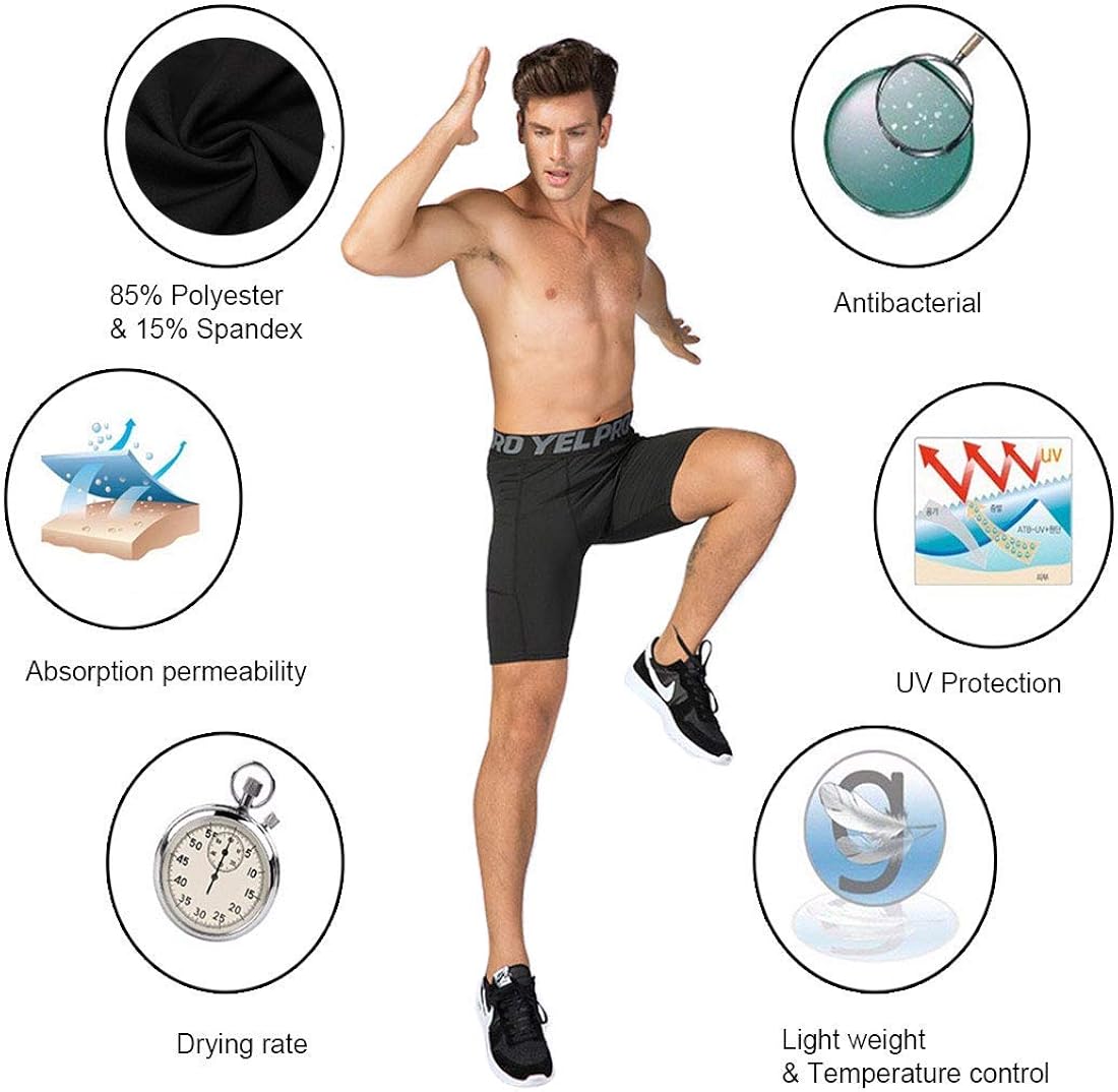 Mens Running Compression Shorts with Pocket Workout Cool Dry Underwear 3 Pack: Clothing