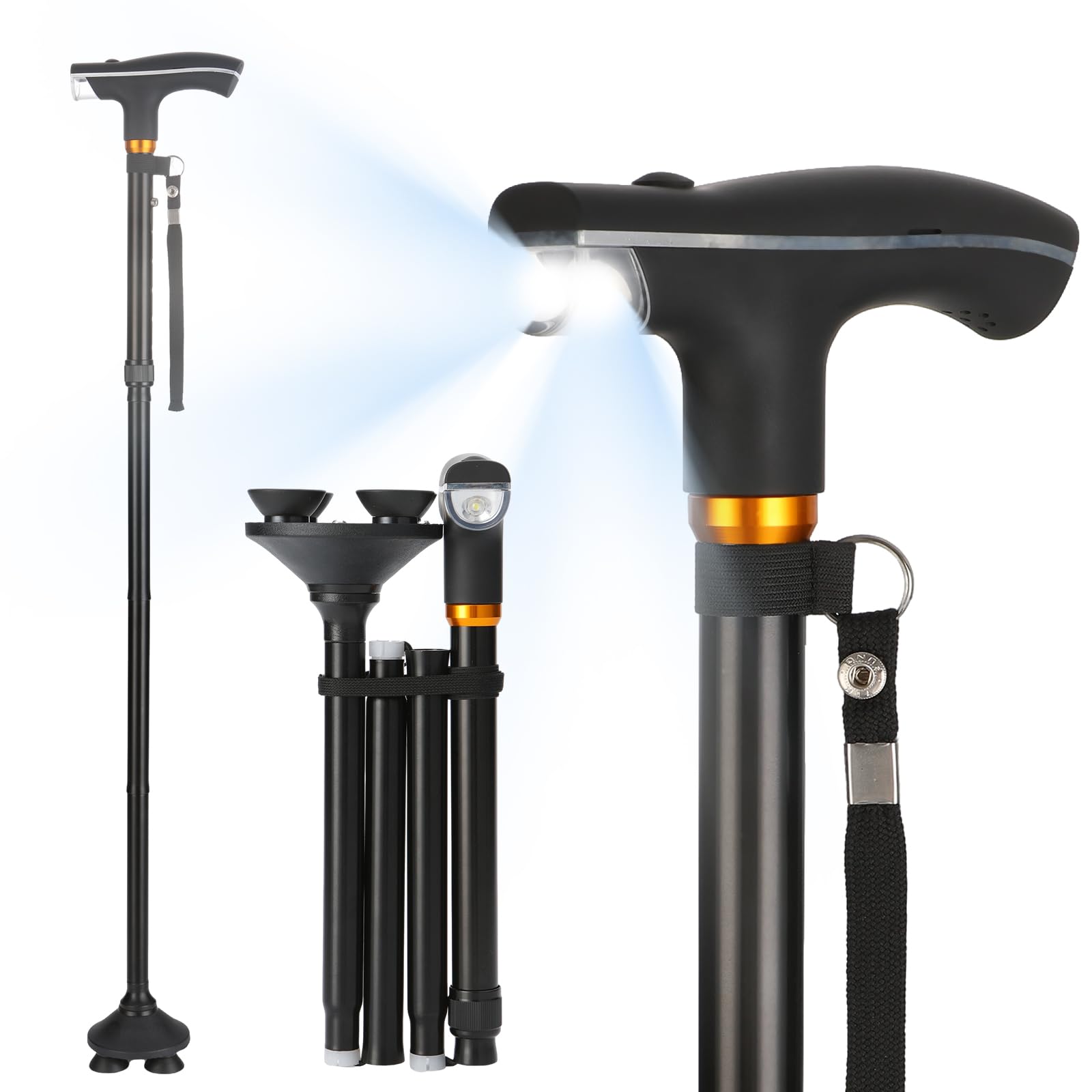 Photo 1 of Parlora Walking Cane with LED Light - Foldable, Adjustable, Collapsible, Free Standing Cane, Pivoting Quad Base, Folding Canes for Seniors & Adults [Alloy Base]