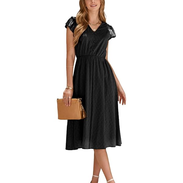 knee length dresses for ladies Umgee black mix floral midi collared dress with 3/4 puff sleeves K0945 –  rivers + roads boutique main image 0