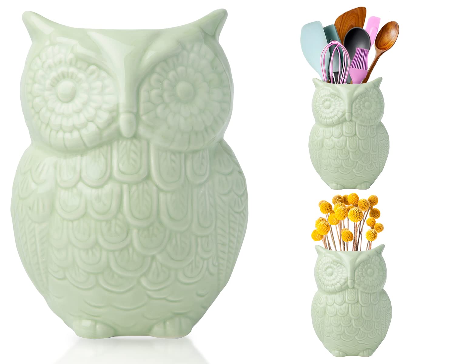 Comfify Owl Utensil Holder Decorative Ceramic Cookware Crock & Organizer, in Lovely Green Color - Utensil Caddy and Perfect Kitchen Ceramic Décor Gift - 12.7 x 17.8 x 10.2 cm Size