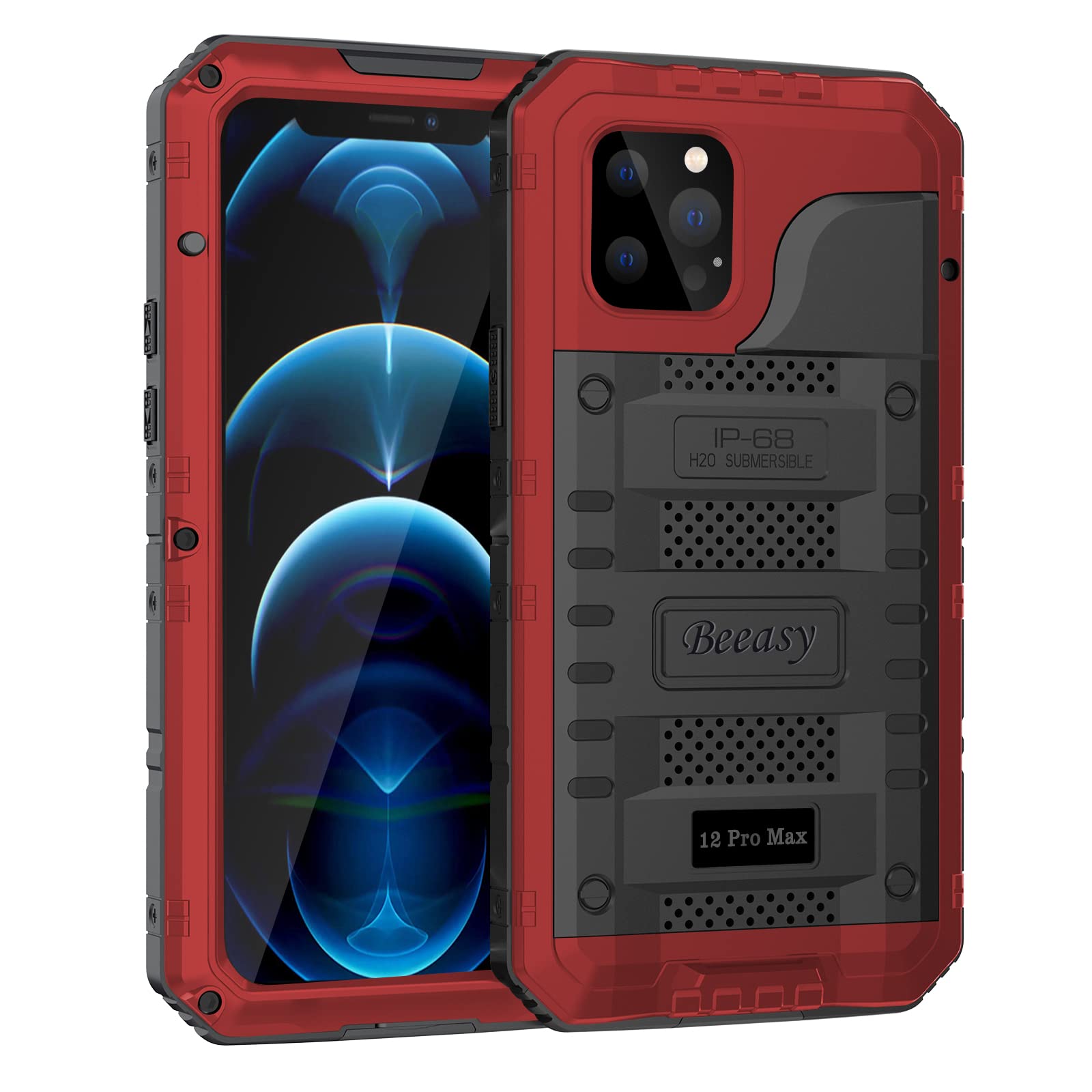 Beeasy Case Compatible with iPhone 12 Pro Max, Waterproof Shockproof Tough Heavy Duty, Built-in Screen Protector 360 Degree Full Body Military Protective, Metal Rugged Cover for Outdoor Sport, Red — image 1