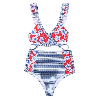 Igemy Damen Badeanzug mit Hohem Bund und Sexy Nähten, Digital Bedruckter Rückengurt Bikini Set