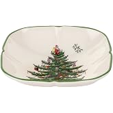 Spode Christmas Tree Sculpted Square Dish - Porcelain, Green Banded Design | Sculpted Square Shape with Green Banded Edge - 5.5" Serving Bowl for Appetizers, Desserts, Snacks &amp; Seasonal Treats