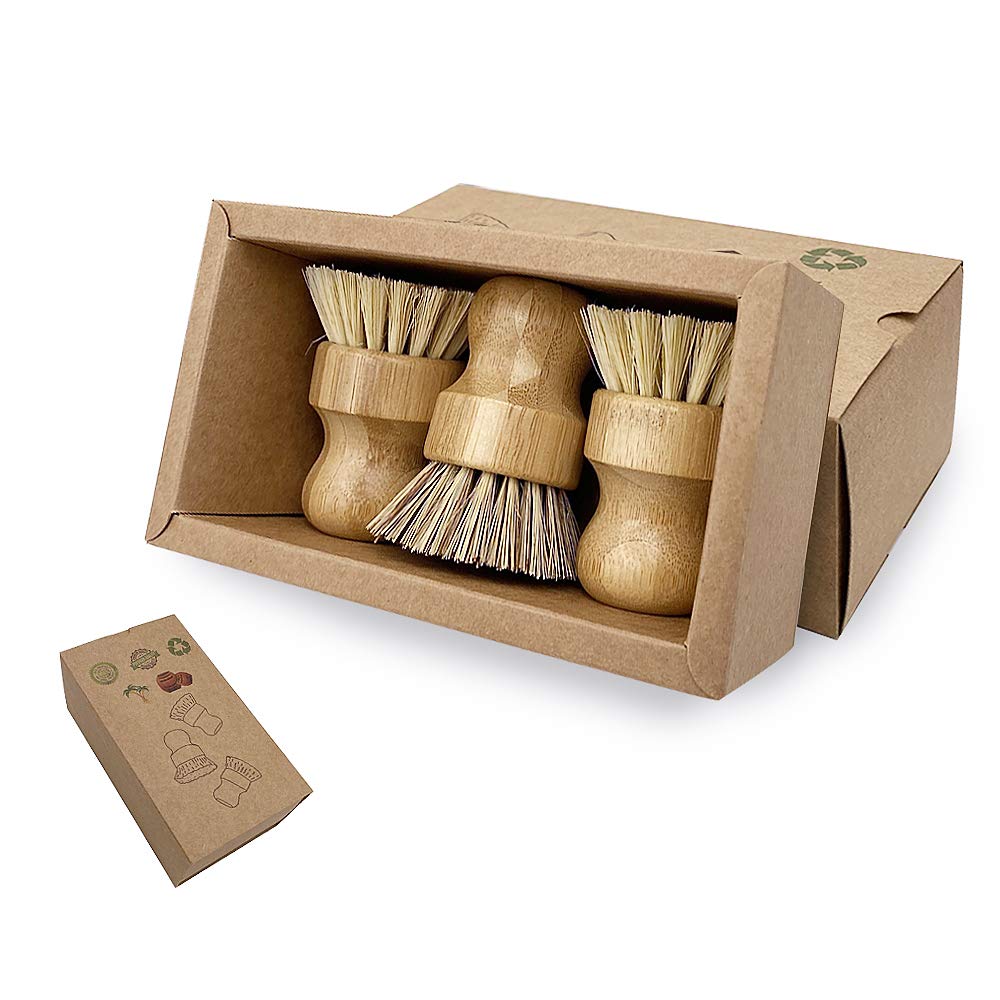 FineFun Pot Scrubbing Brush 3 Pack, Eco-Friendly Bamboo Round Mini Dish Brush, Natural Scrubber, Durable Scrubber, Cleaning Kit with Union Fiber and Tampico Fiber for Pots, Pans and Vegetables