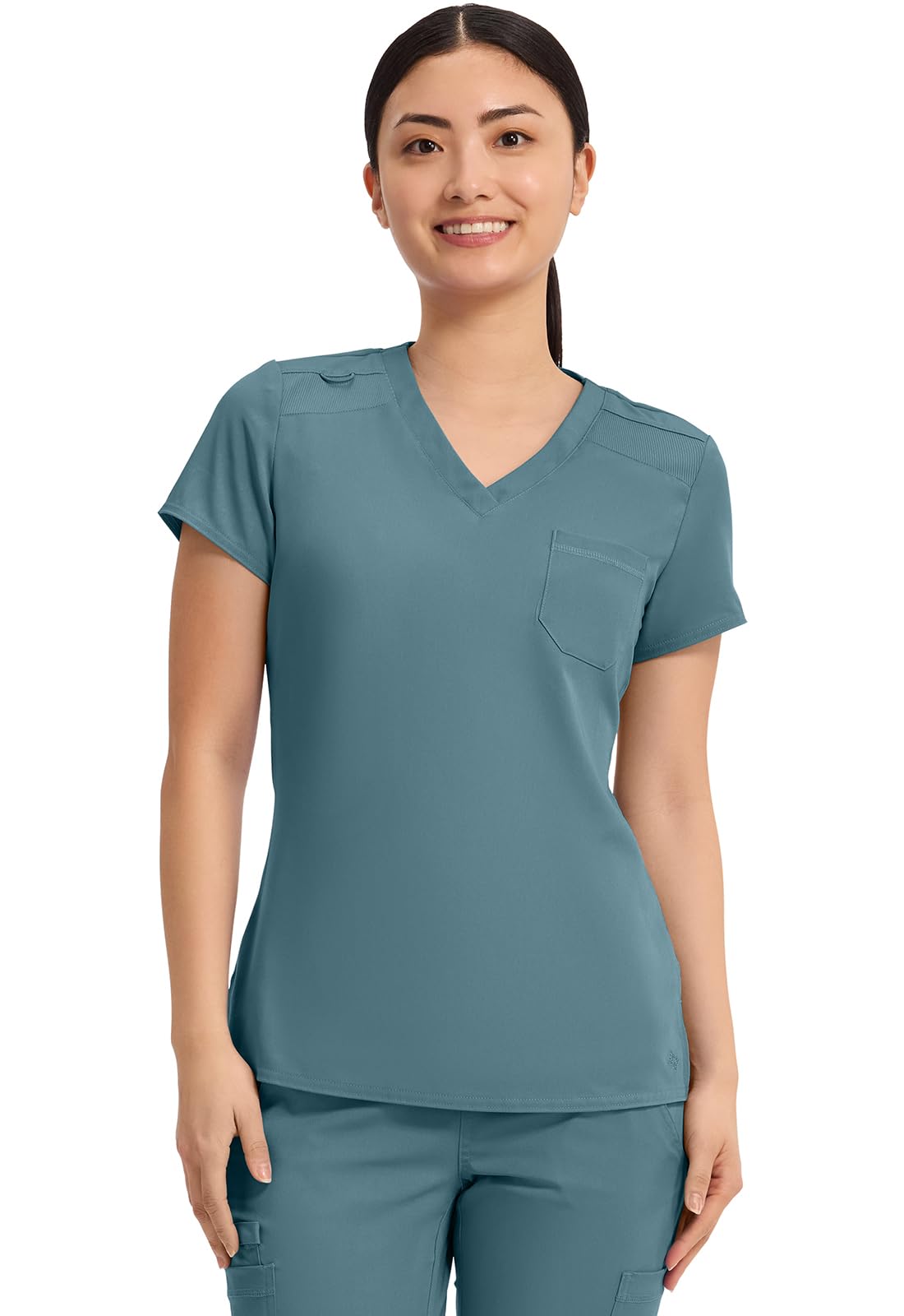 Med Couture Women's V-Neck Scrub Top, Modern Fit Tuck-in Top with Stretchy Rib-Knit Shoulders and Chest Pocket - MC7448, XL, Image