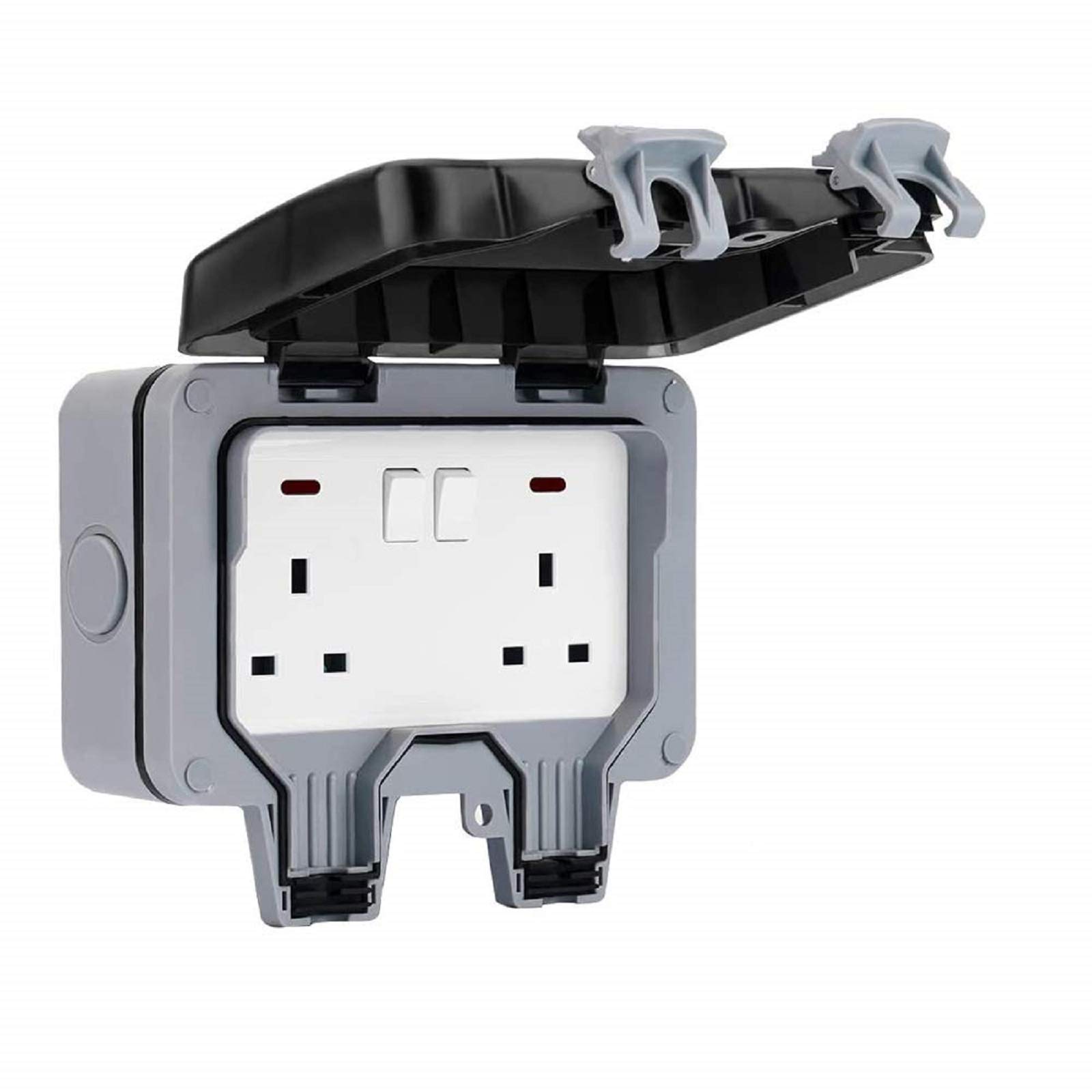 Double Outdoor Socket Waterproof - Outside Switched Sockets IP66 with LED, Wall Electrical Outlets with Covers, Six Hole UK Plug Weatherproof Socket 13A