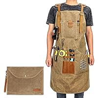Work Apron, Waxed Canvas Tool Aprons with 10 Pockets Adjustable Up To XXL