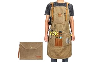 Work Apron, Waxed Canvas Tool Aprons with 10 Pockets Adjustable Up To XXL