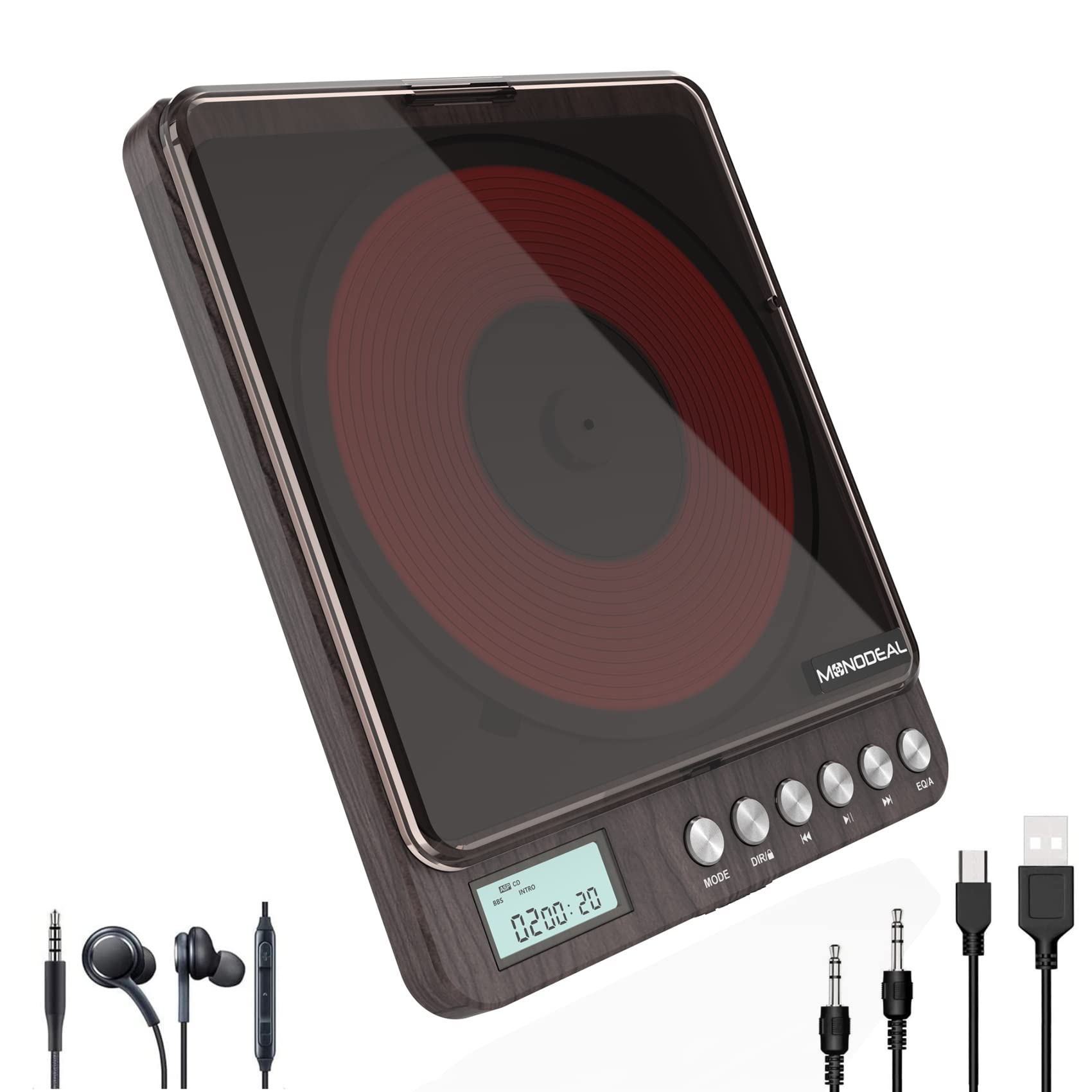 CD Player Portable, MONODEAL Portable Rechargeable Player with Dual Headphones Jack, Small Anti-Skip CD Player for Car/Travel/Home, Personal CD Player for Adults Kids (Dark Brown)