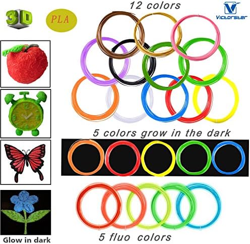 VICTORSTAR @ PLA 3D Pen Filament Refills 22 Colors 220 Meters (722ft) / 12Colors+5Colors Fluorescent+5Colors Glow in Dark / Diameter 1.75mm -10 Meters Each Roll / Plant Resin Material and No Odor