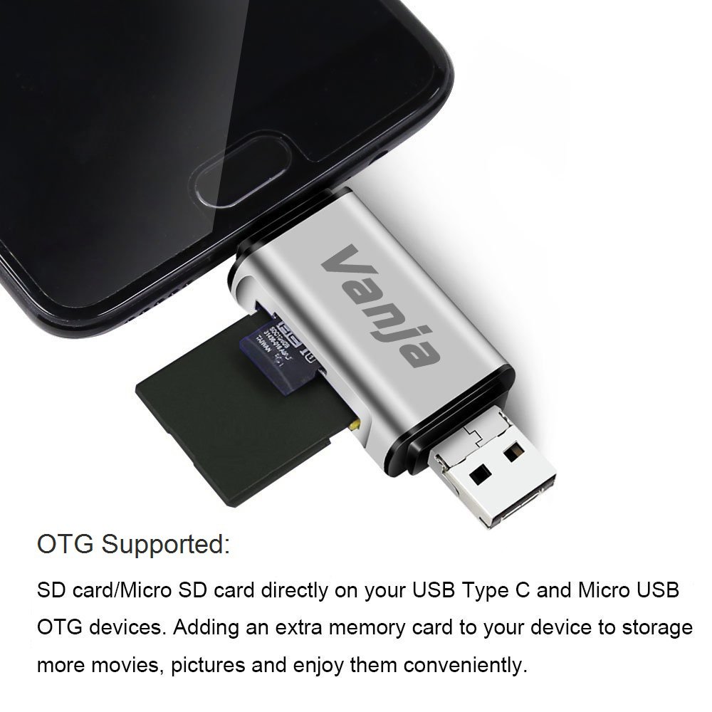 Silver USB 2.0 Card Reader Vanja SD Card Reader USB Type C Micro USB