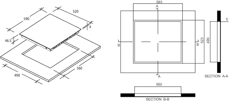- Plaque de Cuisson Vitrocéramique - 4 Zones de Cuisson, Puissance Réglable, Détection Automatique de Zone, Commandes Groupées - 6500 W - Installation à Fleur, Bords Droits - 59 x 52 x 4,5 cm