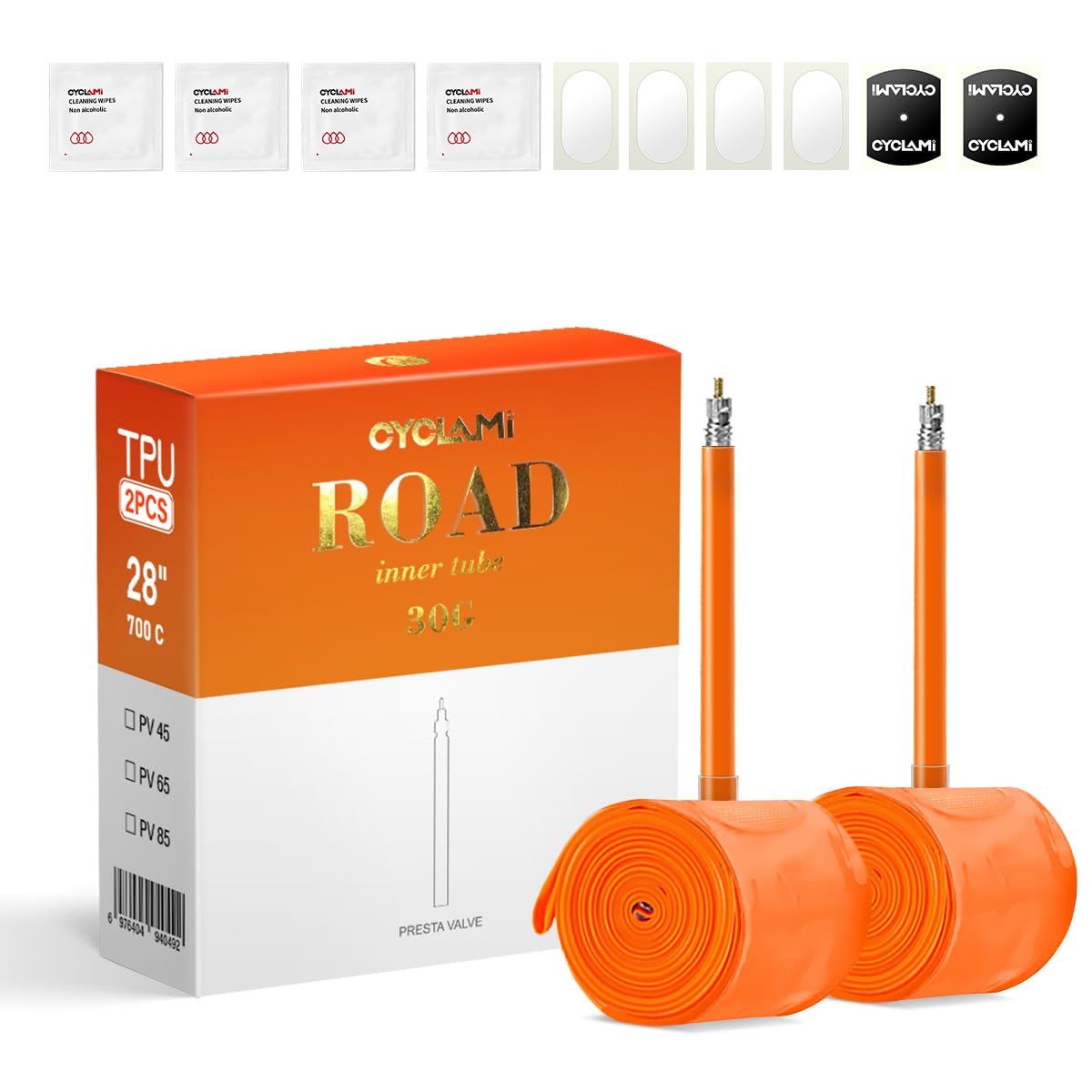 CYCLAMI 1/2-Pack TPU Inner Tube 700C x 18-32c, All Road Bike Inner Tubes with 45mm/65mm/85mm Presta Valves Ultra-Light 30g (Include 2 Tire Levers) (2Pcs-FV:85mm)