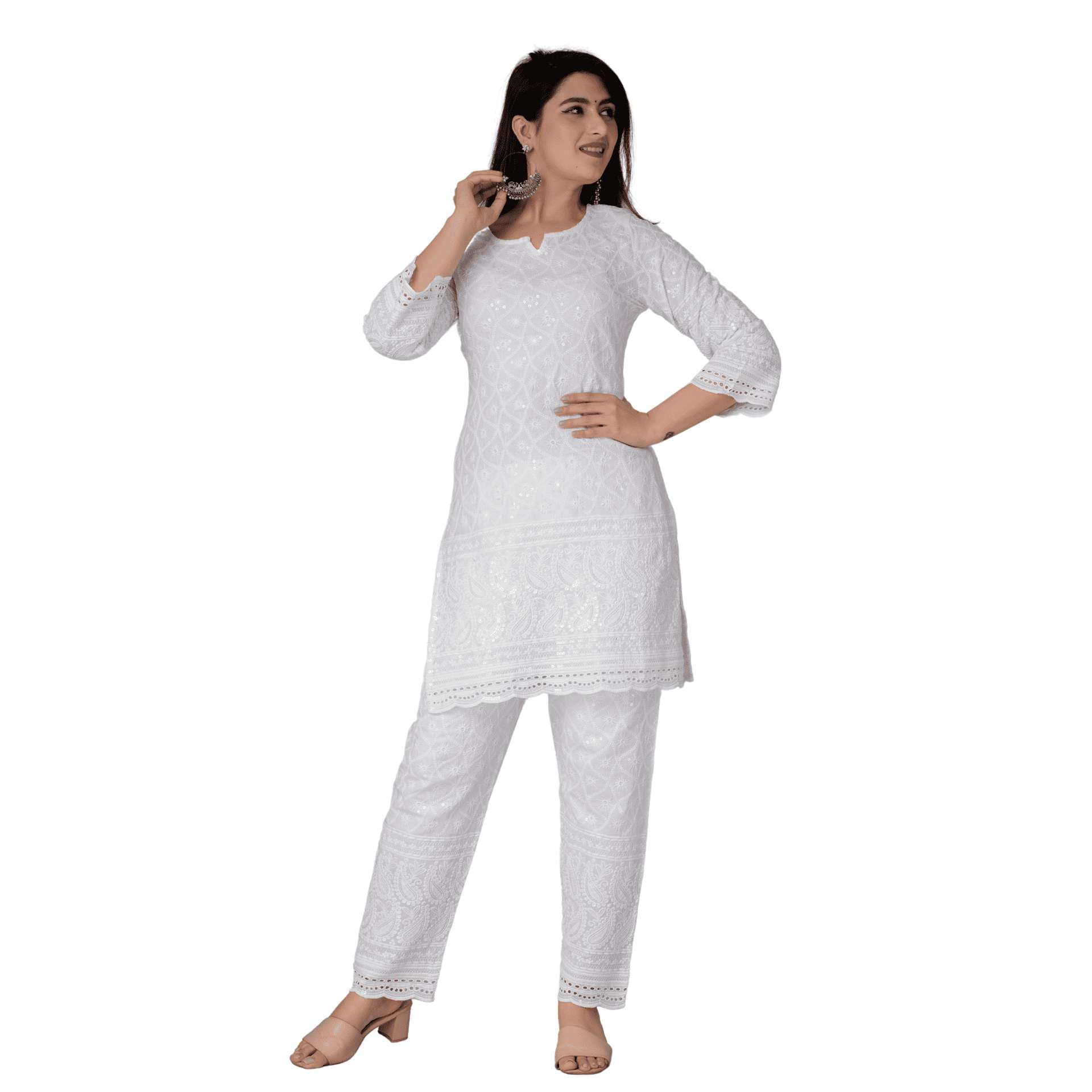 Photo 1 of Chikankari Cotton Indian Kurtis for Women Summer Dresses Tunic Top Pant Set Pakistani Salwar Kameez Suit Set White-(X-Large)
