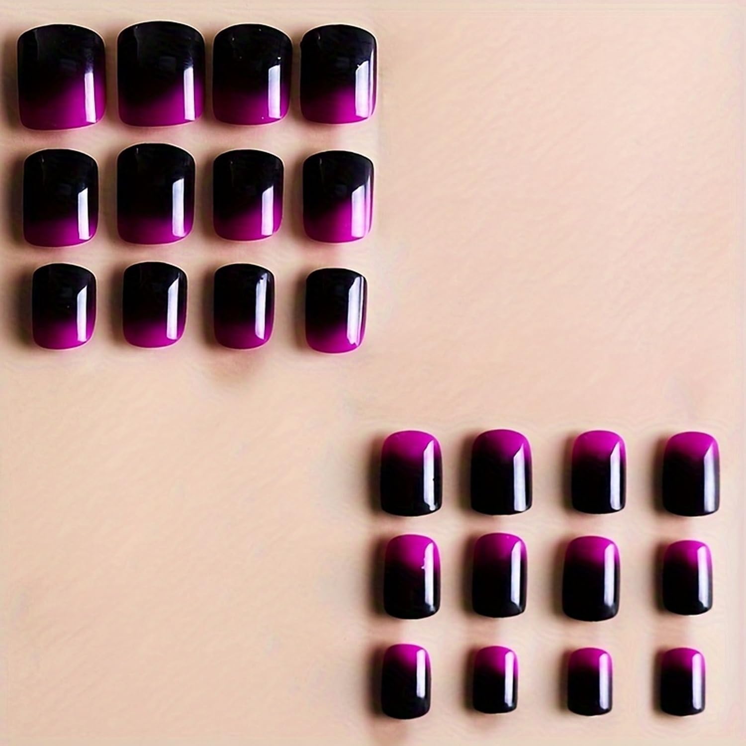 Purple Press on Nails Short Square French Fake Nail Glossy False Nails with Gradient Designs Glossy Purple Black Acrylic Nails Full Cover Stick on Nails for Women and Girls 24 Pcs… - Image 2