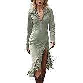 Women Western Suede Midi Dress Lapel Zip Up Long Sleeve Tassel Hem Vintage Slim Fit Fall Spring Dresses