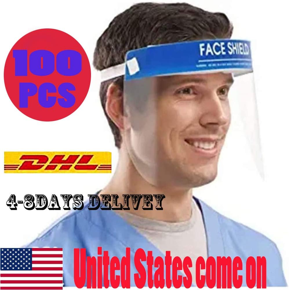 100/pack Safety Face Shield Protect Eyes and Face with Protective Clear Film ElasticBand and Comfort Sponge Fluid Resistant Full Face Visor Protection from Splash