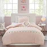 Intelligent Design Kids Queen Comforter Set for Girls, Pink, Tessa Adorable Teen Bedding Sets for Girls, Fun Colorful Pom Pom Tassel, Sham, Boho Heart Throw Pillow, Full/Queen, Blush 4 Piece