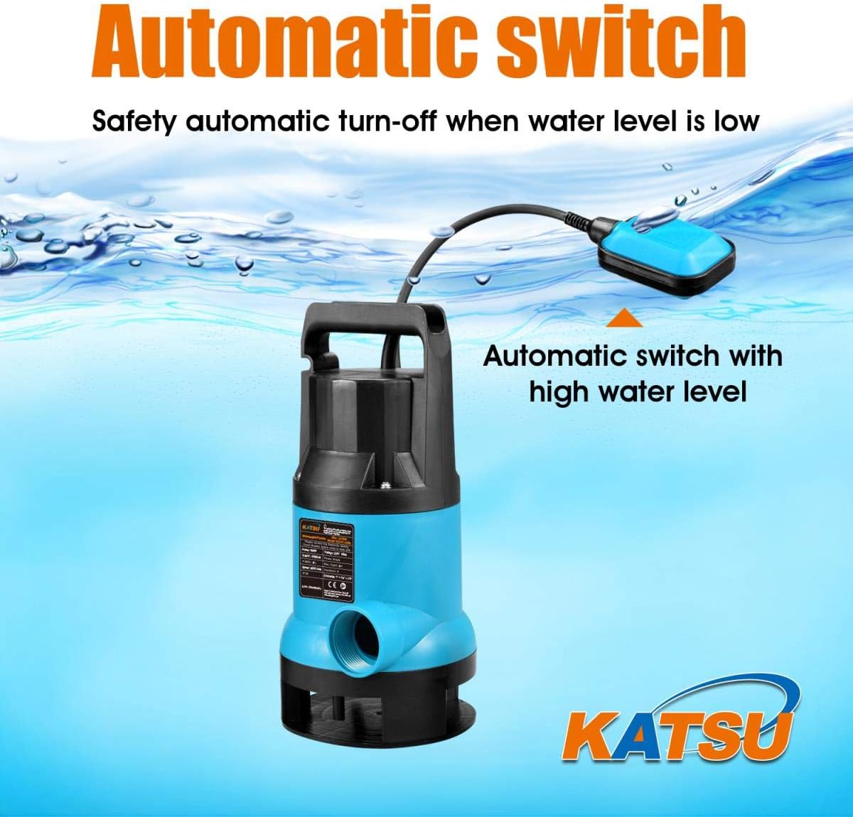 KATSU 750W Portable Submersible Pump for Clean and Dirty Water for Garden Pond Pools, Ditches + Float Switch - Image 5