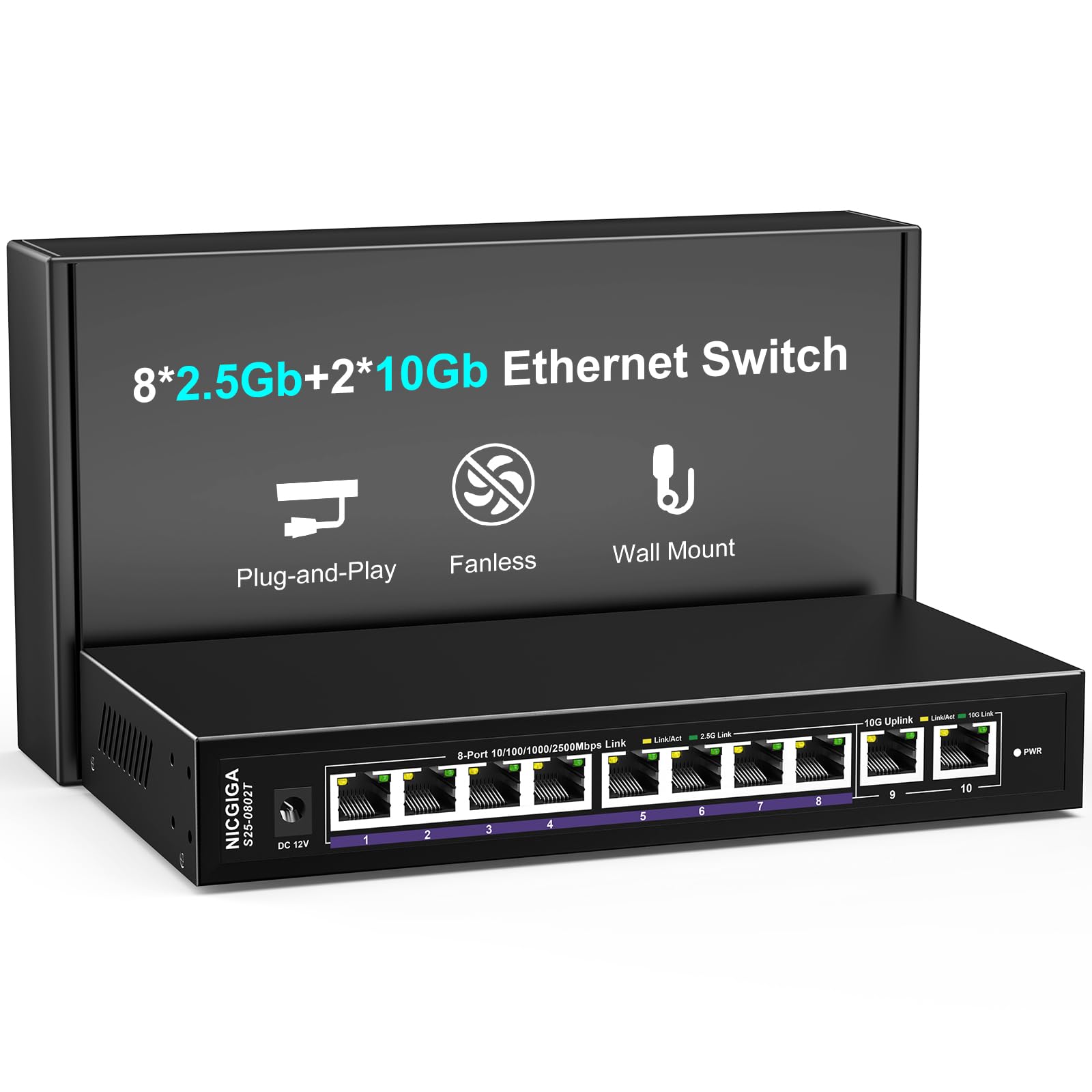 Photo 1 of 10Gbe Ethernet Switch Unmanaged with 2 x 10Gb RJ45 Ports ? 8 x 2.5Gb Base-T Ports, Desktop/Wall Mount NICGIGA 10 Port 10Gbps Network Switch for Wireless AP, NAS, PC