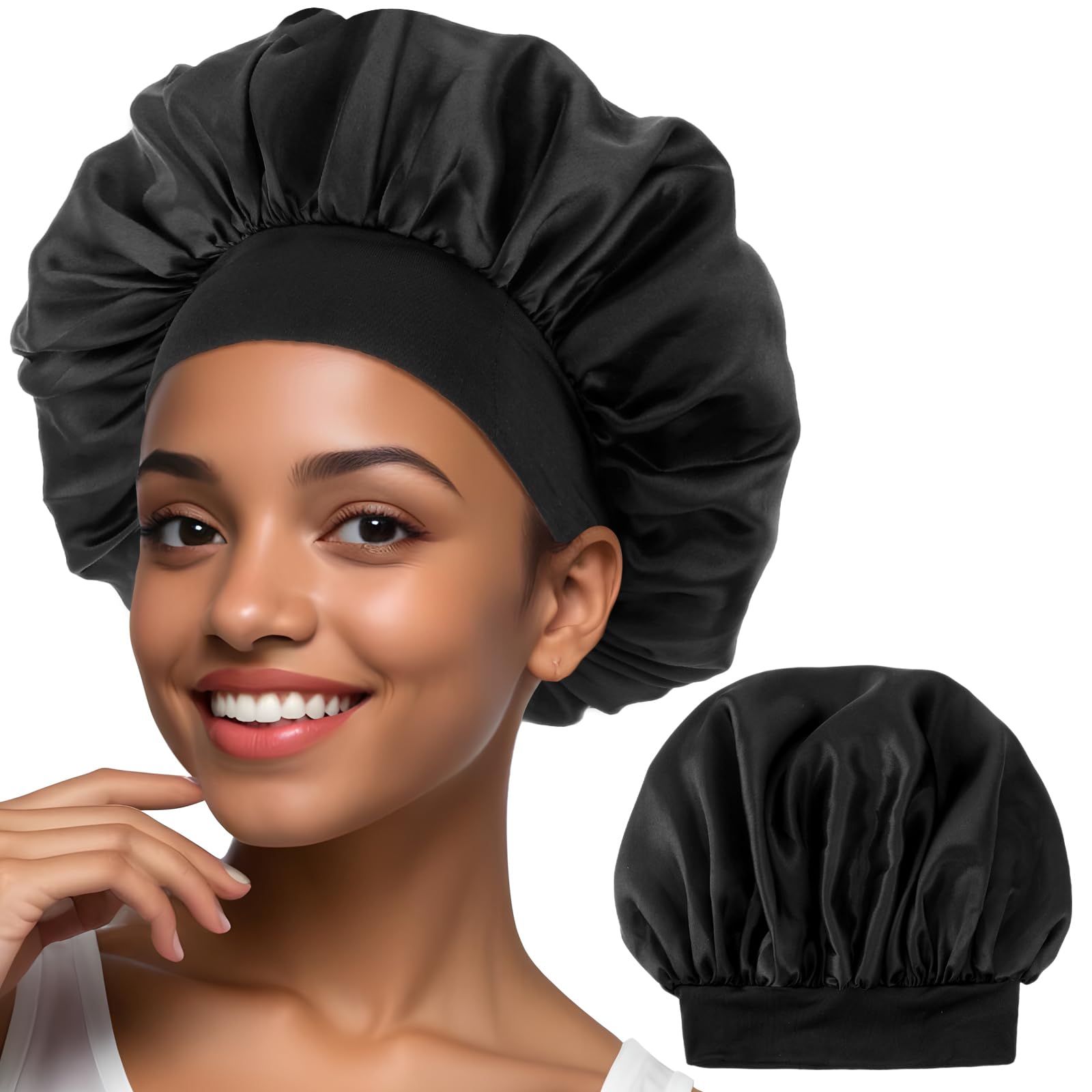 COMNICO Bonnet for Women, Silk Satin Sleep Cap Single Layer Elastic Band Stretchy Tie Band Wide Soft Adjustable Hair Cap Large Silk Bonnets for Women Men Curly Hair Sleeping Black