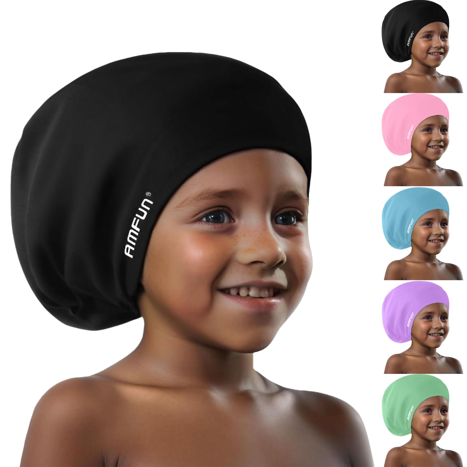 AMFUN Kids Extra Large Swimming Cap for Long Hair, 100% Silicone Kids Long Hair swimming Cap, Elastic Anti-slip Kids Swimming Hat, Hypoallergenic Waterproof Swimming Cap for Long Hair for Kids Teens